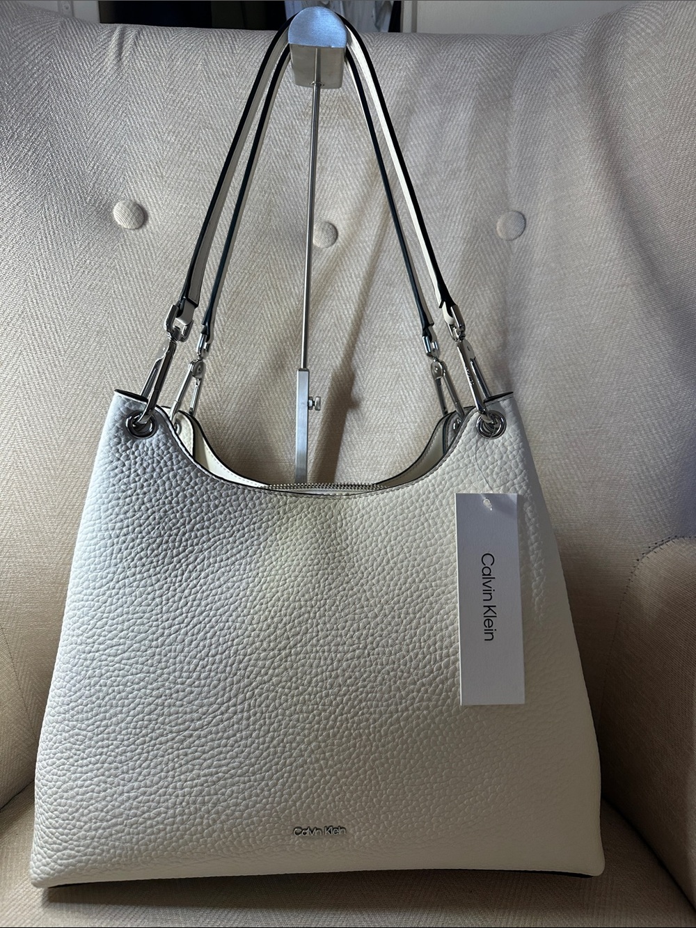 Calvin Klein Ivory Pebbled Leather Shoulder Tote